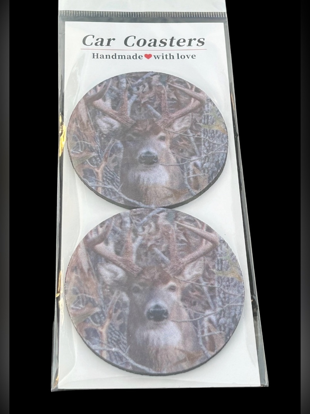 Handmade Car Coaster Set — Deer Design in Brown